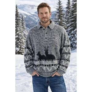 Vintage Simpatia Italian Wool Deer Alpine Sweater Men’s L Lodge Ski 90s